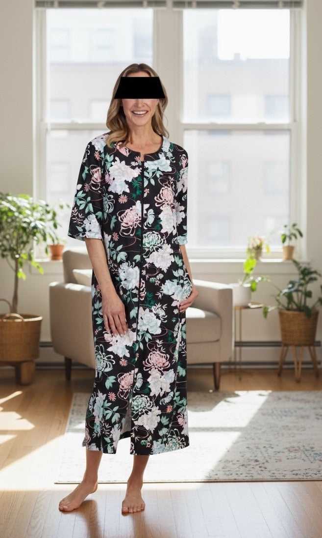Miss Elaine Women's Printed 3/4-Sleeve Zip-Front Robe Black XL