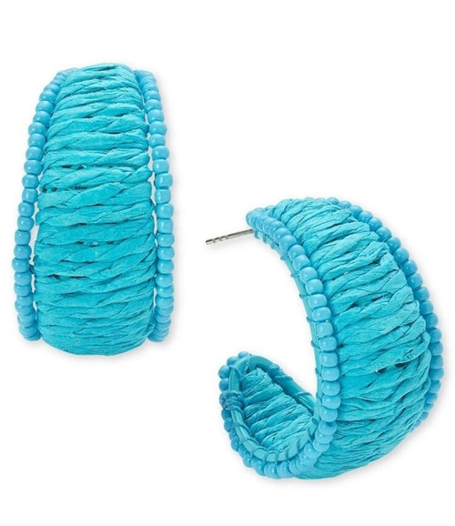 Bright Blue Color Seed Bead & Raffia C-Hoop Earrings, Post Back, 1.25" 