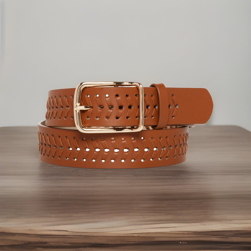 Steve Madden Women's Whipstitch Faux-Leather Belt Cognac M