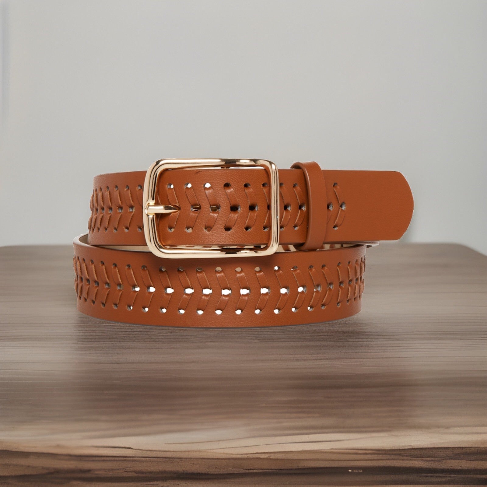 Steve Madden Women's Whipstitch Faux-Leather Belt Cognac M