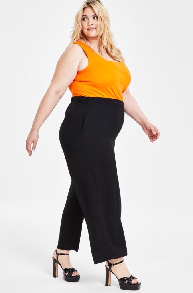 Bar III Women's Black Solid Pleat-Front Wide-Leg Pants Plus Size 22W