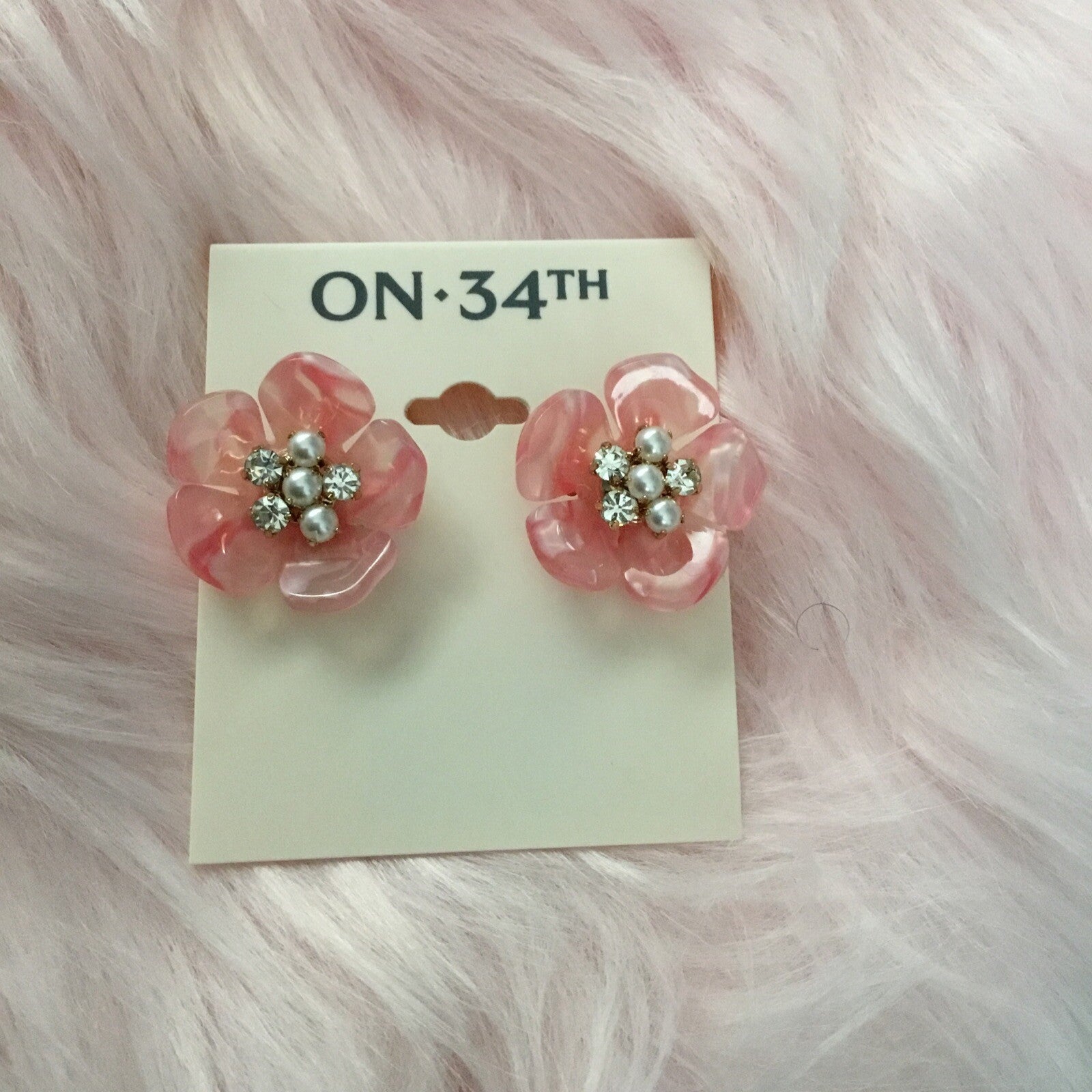 On 34th Gold-Tone Color Pavé & Imitation Pearl Mother-of-Pearl Flower Earrings 