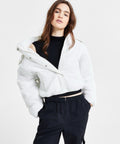 CoffeeShop Juniors' Cropped Hooded Puffer Coat - White  Size L