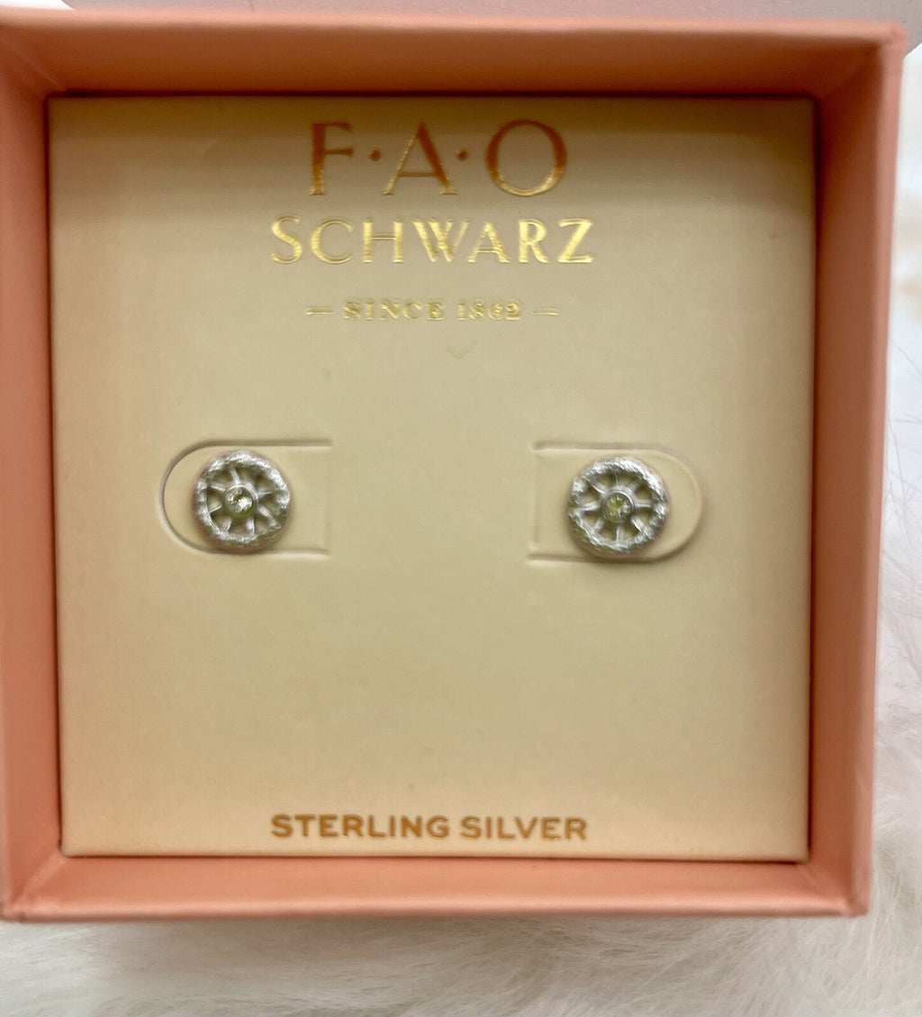 F*A*O SCHWARZ STERLING SILVER CIRCLE STUD EARRINGS W/ CRYSTAL STONE ACCENT NIB