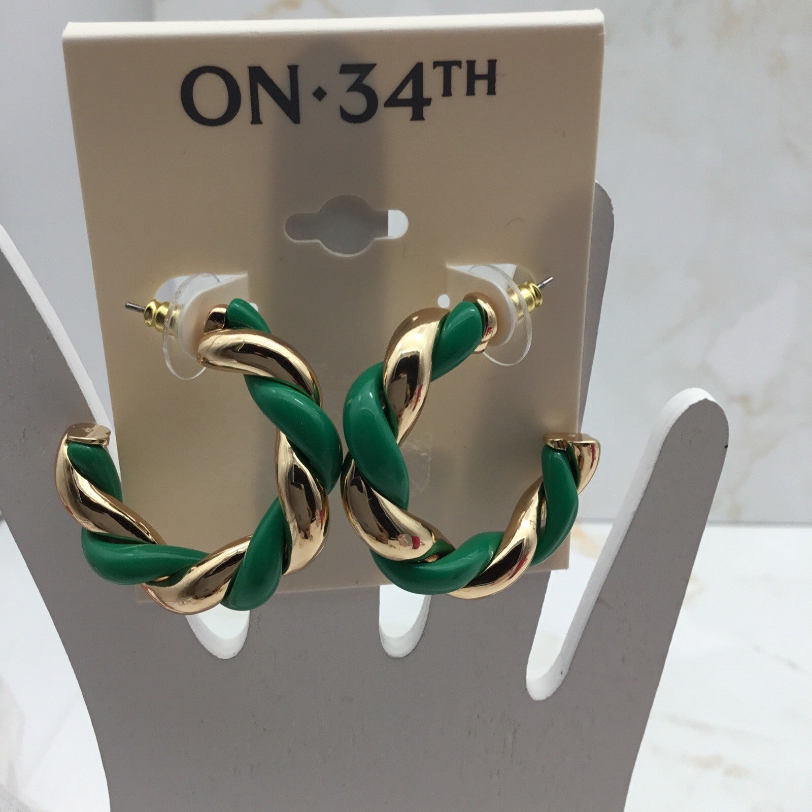 ON 34th Green and Gold-Tone Swirl Medium Hoop Earrings