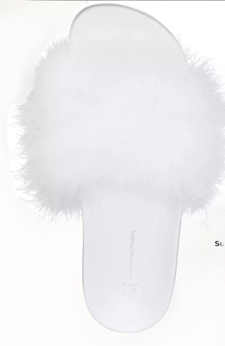 INC International Concepts Sandal Slides Sz XL 11-12 White Fluffy Faux Maribou