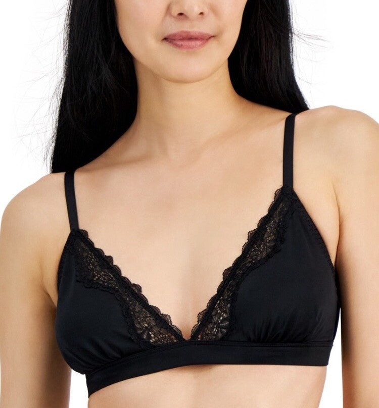 INC International Concepts Satin w/Lace Trim Bralette Style Women's Bra XL Black