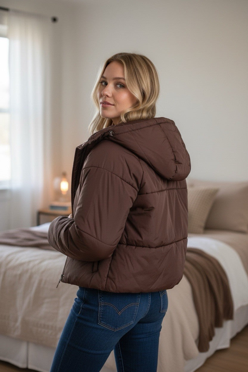 CoffeeShop Juniors' Cropped Hooded Puffer Coat Size M Cholate