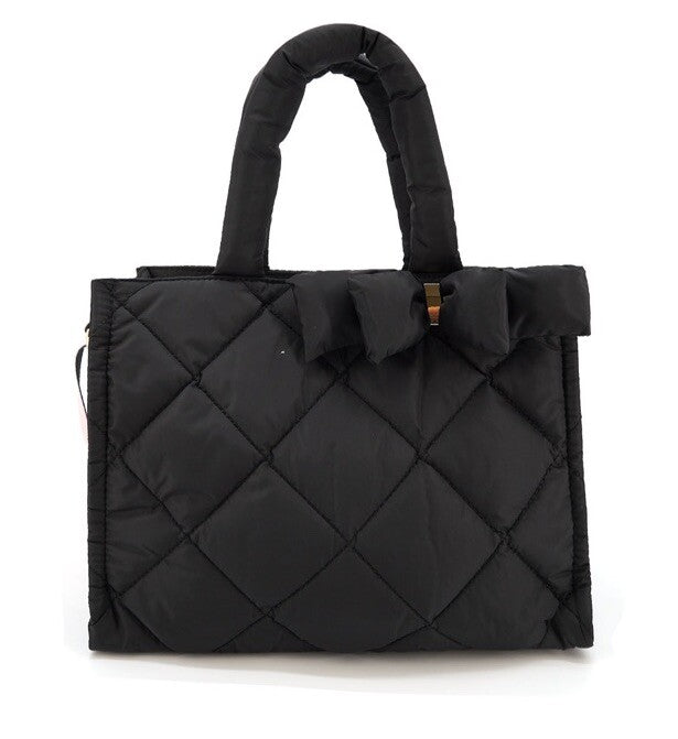LIKE DREAMS Serenity Bow puffer nylon small women's tote crossbody bag -BLACK