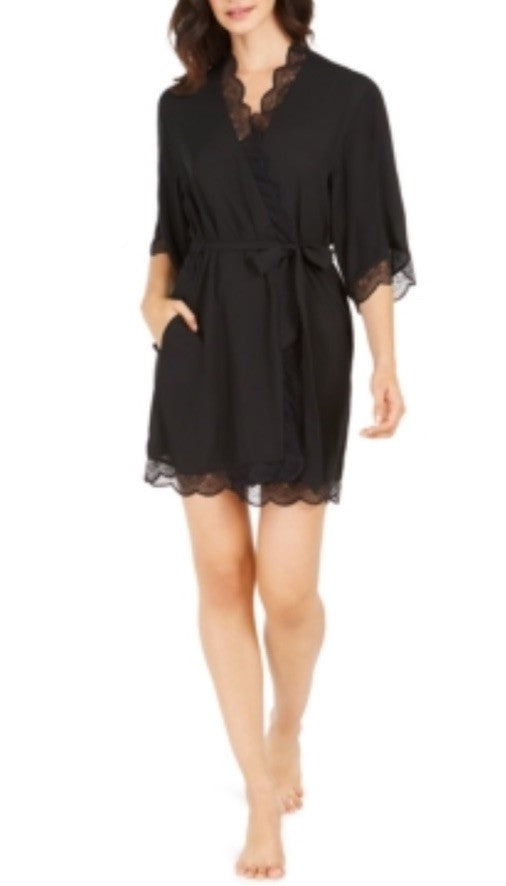 I.N.C. International Concepts Lace Trim Short Robe Black XS