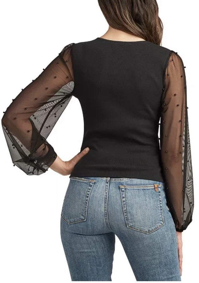 BCX Juniors' Square-Neck Beaded Balloon-Sleeve Top Black XS