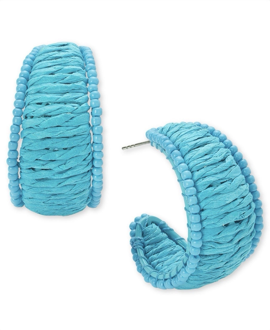 New ON 34th Turquoise Blue C Hoop Earrings Seed Beads Raffia Chunky 1.25" Boho