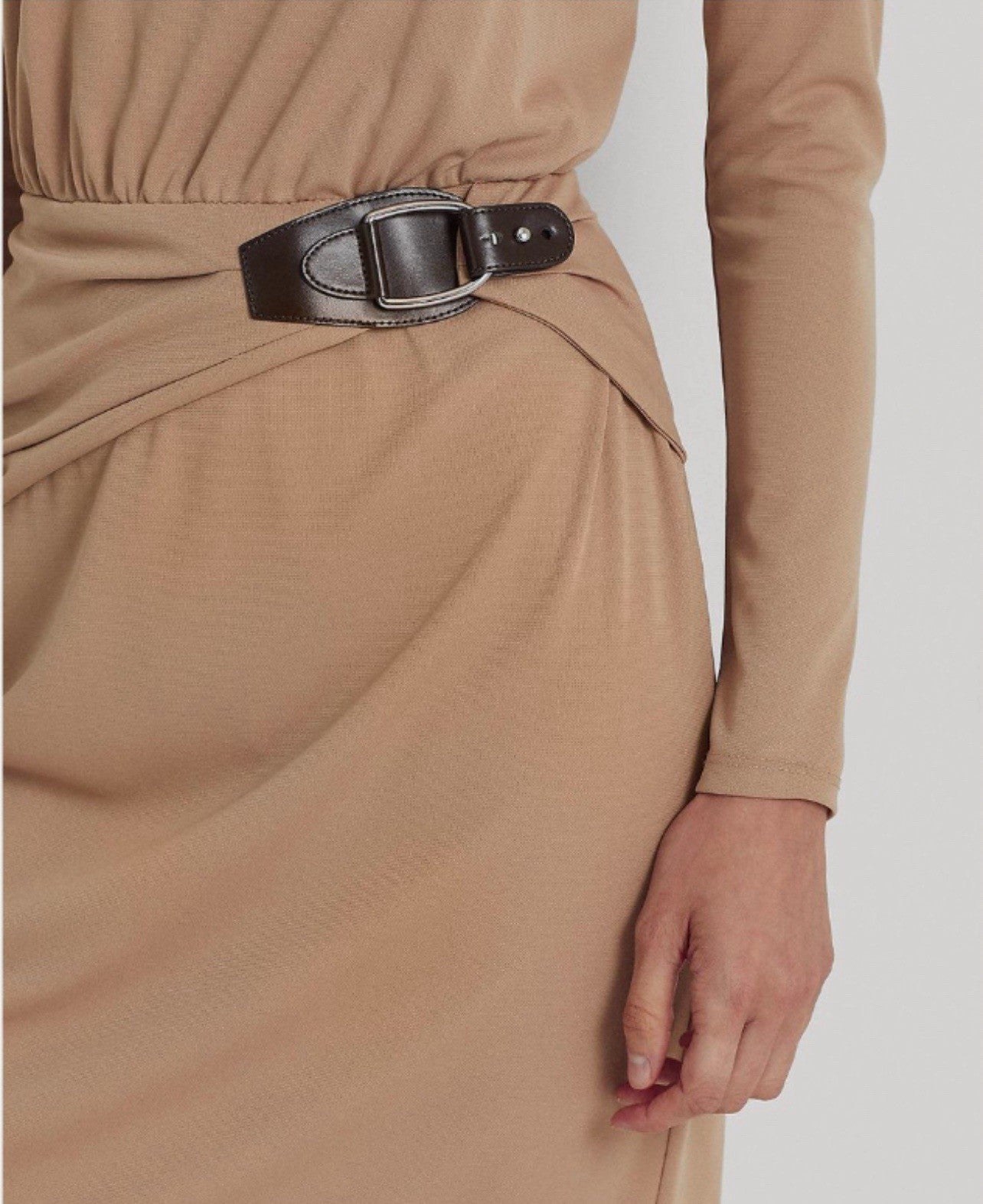 RALPH LAUREN  Buckle-Trim Jersey Dress - Classic Camel Size 16
