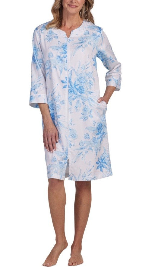 Miss Elaine Women's Cotton Floral 3/4-Sleeve Robe Blue Grdn L