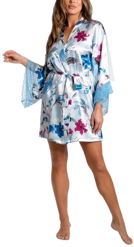 Linea Donatella Women's Ayanna Satin Lace-Trim Robe - Blue S/M,