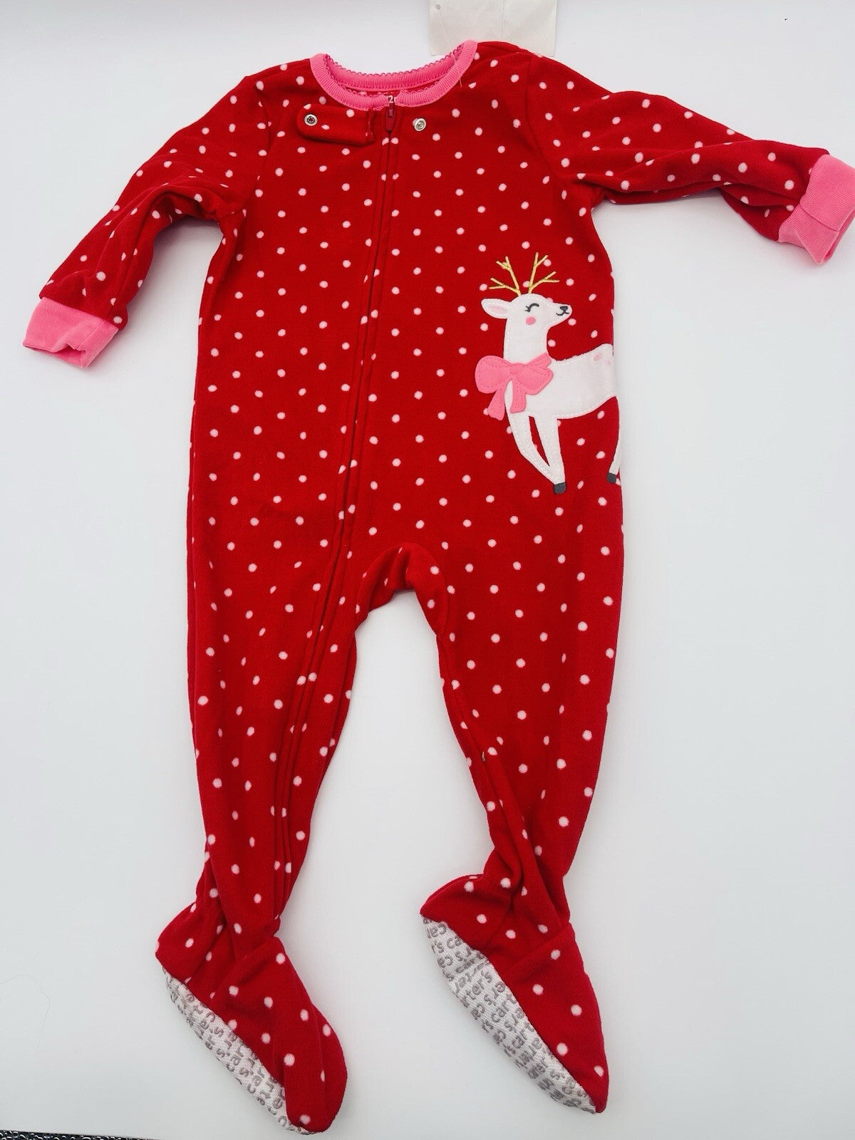 Carters 12Months Pink Sweater Reindeer Christmas Footed Fleece Pajama Girl
