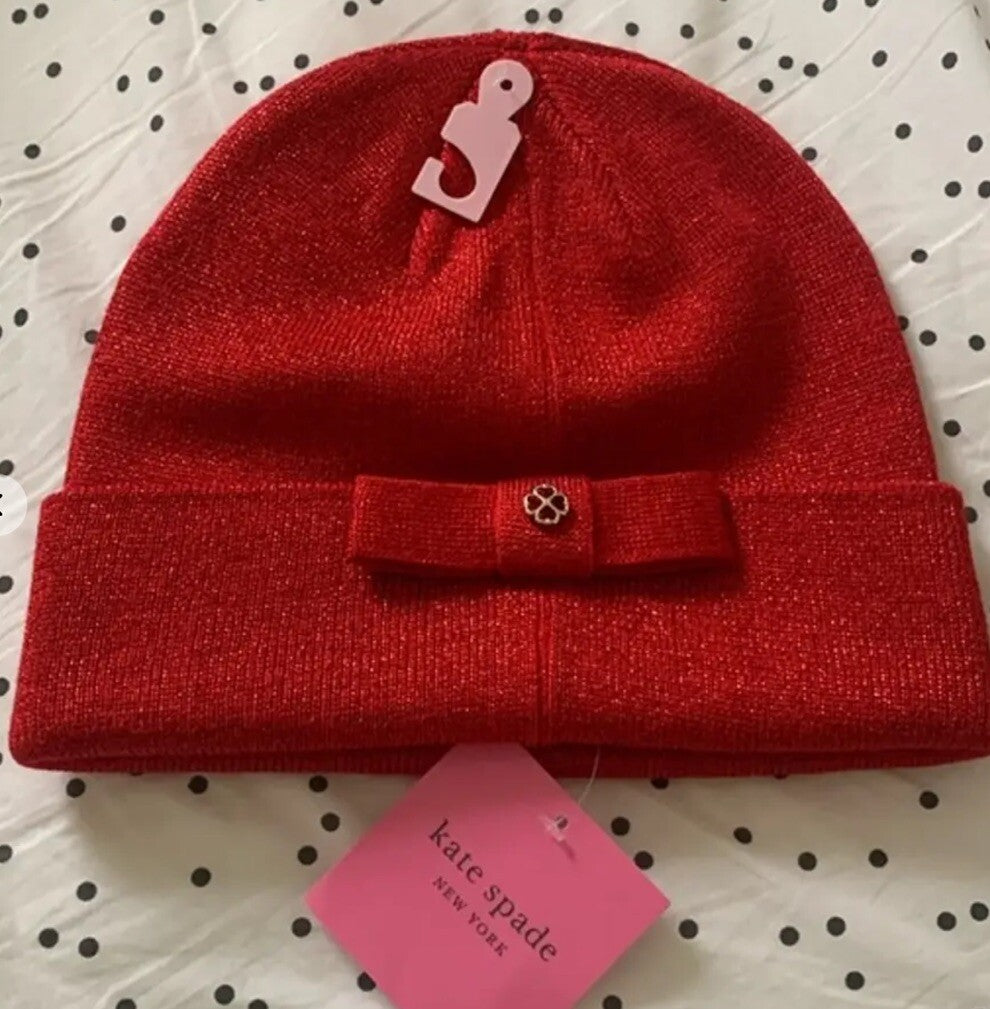 Kate Spade Women's Metallic Bow Flower Stud Beanie Red Sparkle 
