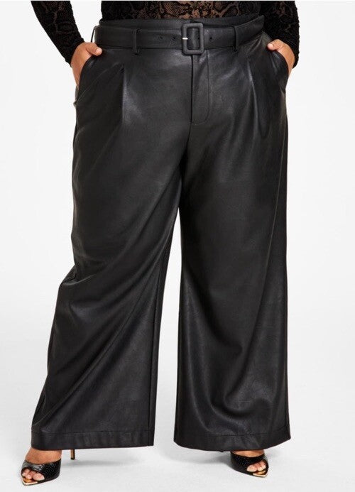 Nina Parker Women's Black Faux Leather Belted Wide Leg Pants Size 22W