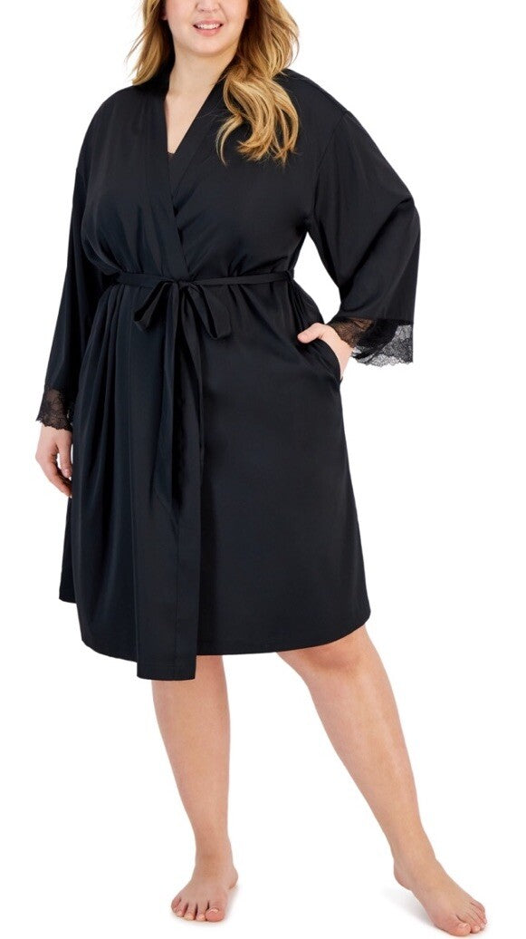 INC Lace-Trim Chiffon Wrap Robe Black 2X
