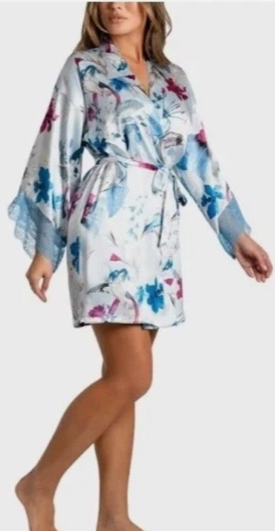 Linea Donatella Women's Ayanna Satin Lace-Trim Robe - Blue S/M,