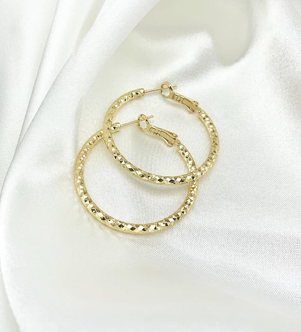 Darla Collection 18k Gold Filled 1" Hoop Hinged Closure Earrings Textured Shiny