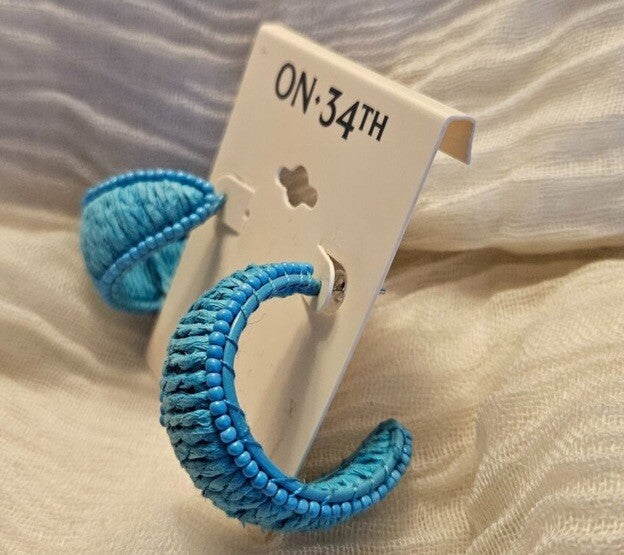 Bright Blue Color Seed Bead & Raffia C-Hoop Earrings, Post Back, 1.25" 