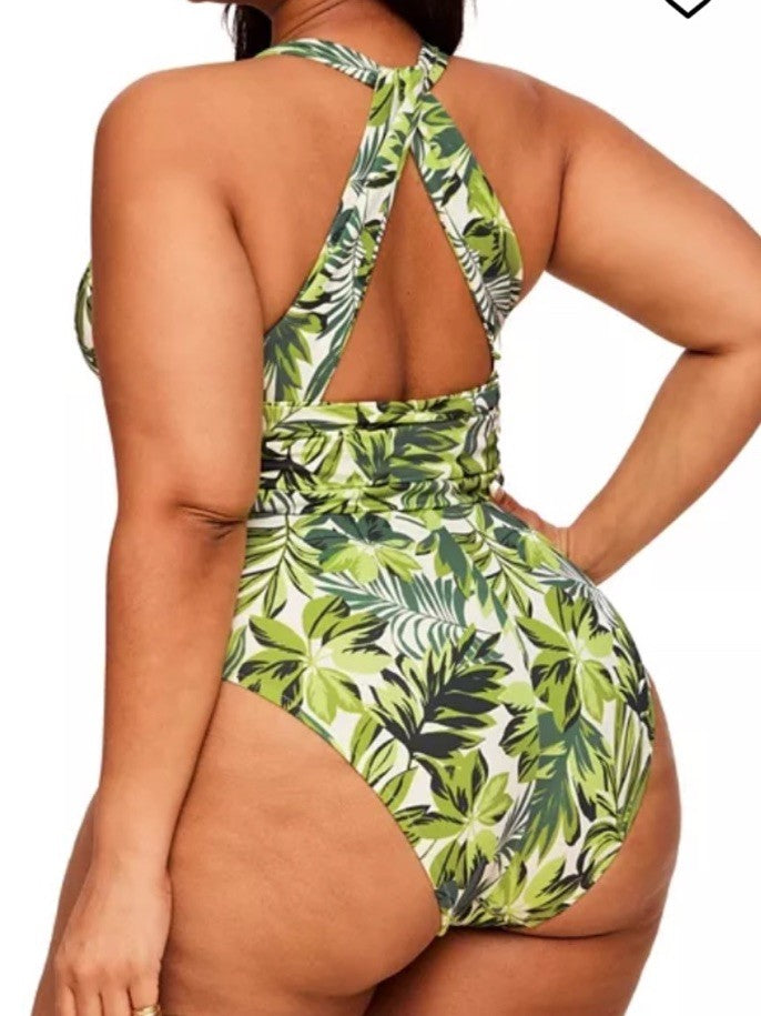 Adore Me Monroe Contour Palm Paradise Green One Piece Swimsuit Lined Sz OX
