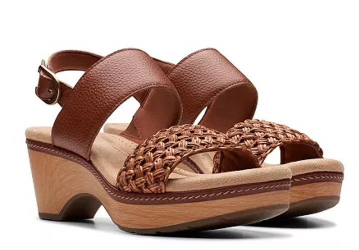 Clarks Seannah Step Woven Strap Clog-Style Platform Sandals Tan Brun 7M
