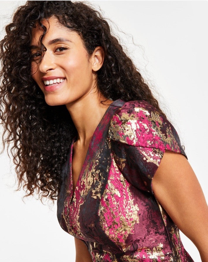 Vince Camuto Women's Metallic Jacquard Fit & Flare Dress Magenta Size 8