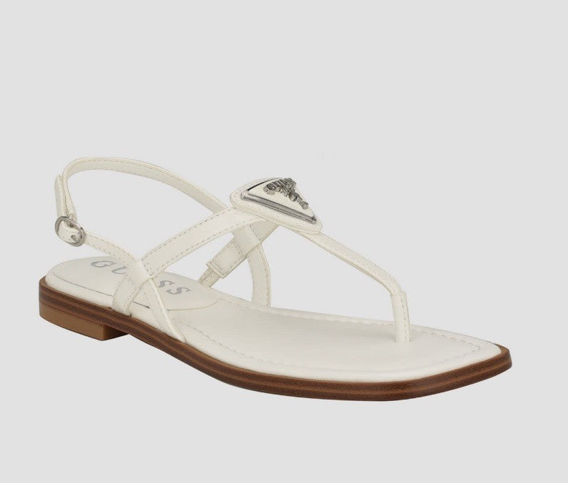 GUESS Women's Rainey Logo Sqaure Toe T-Strap Flat Sandals White 6M
