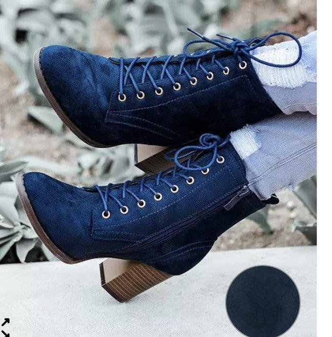 Journee Collection Women's Baylor Lace Up Stacked Heel Booties Blue 8