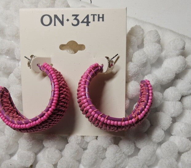 Bright Pink  Color Seed Bead & Raffia C-Hoop Earrings, Post Back, 1.25"