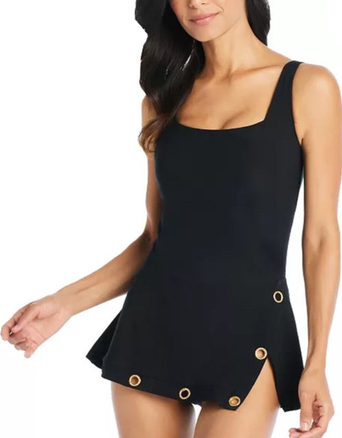 Beyond Control Women's Grommet-Detail Square-Neck Swim Dress Black 16