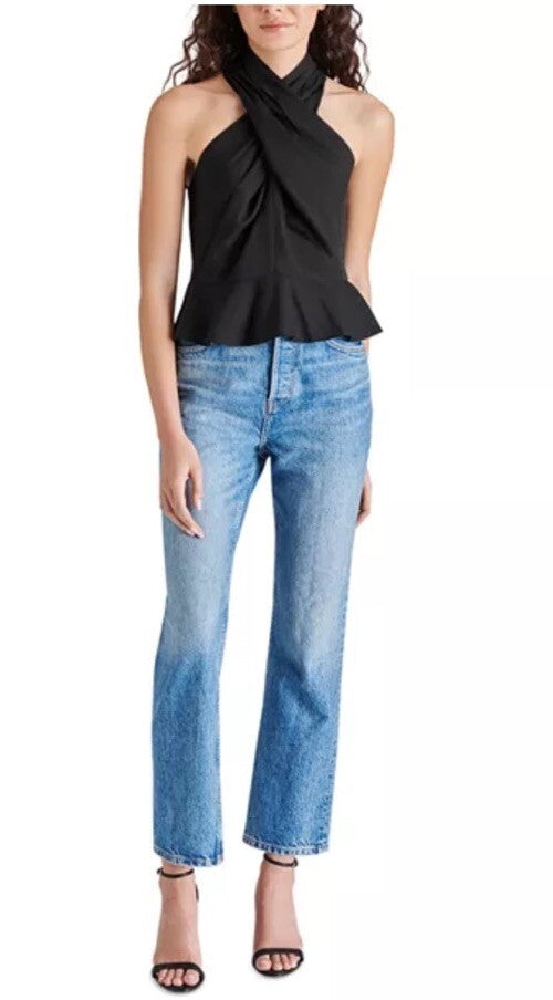 STEVE MADDEN Kosta Crossover Linen Peplum Top Black Large 
