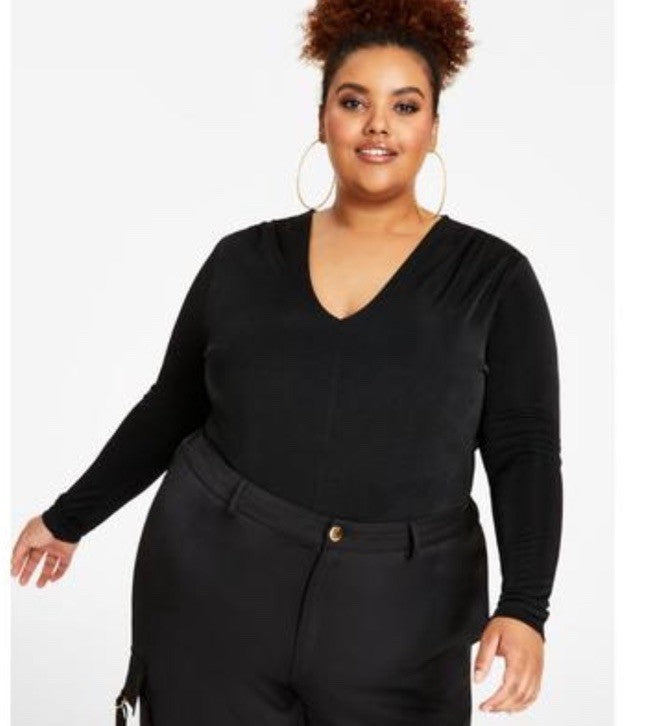 Nina Parker Women's Black Trendy V-Neck Long-Sleeve Top Plus Size 1X