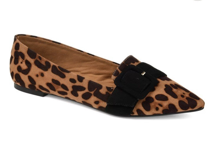 Journee Collection Women's Audrey Buckle Pointed Toe Ballet Flats Leopard 8.5