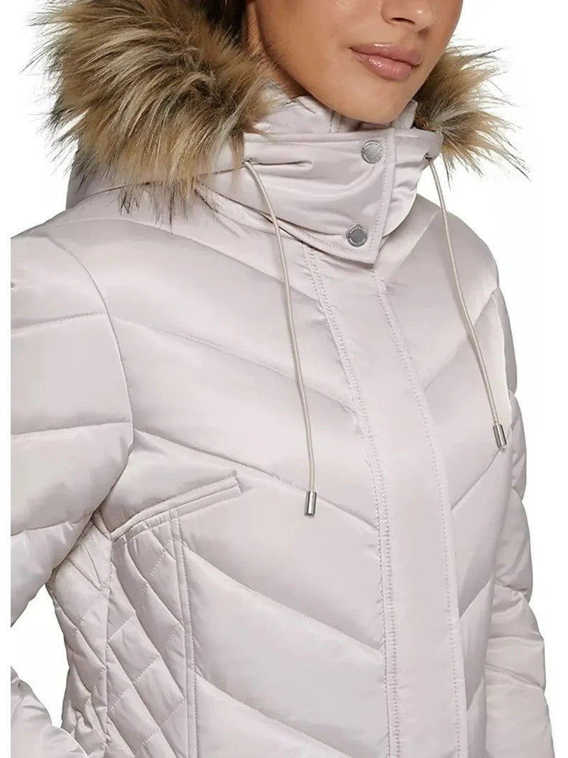 Kenneth Cole Women's Quilted Faux Fur Hood Heavyweight Puffer Coat Birch Size XL