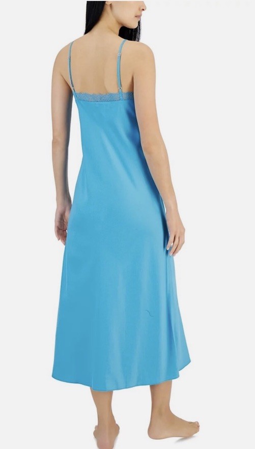 I.N.C. International Concepts Lace-Trim Satin Nightgown Women's XS Cyan Blue