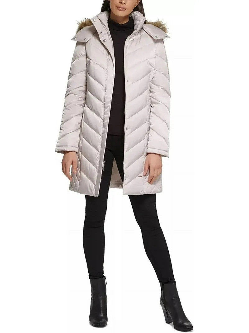 Kenneth Cole Women's Quilted Faux Fur Hood Heavyweight Puffer Coat Birch Size XL