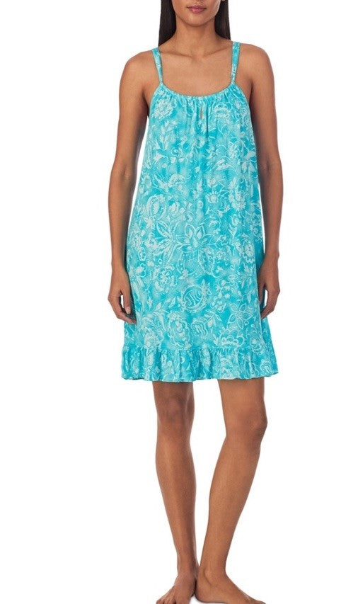 Lauren Ralph Lauren Women's Short Tunnel Neck Strap Nightgown Turquoise L