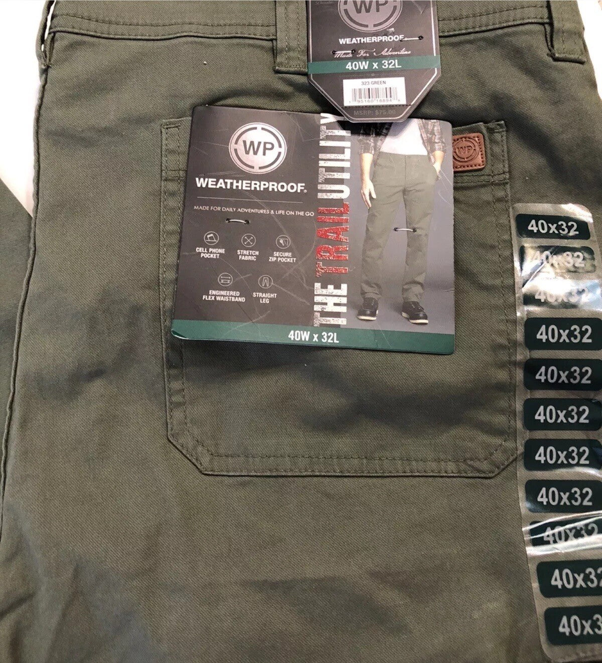 Weatherproof WP Men's The Trail Utility Pants Flex Waist 40 x 32 Green NWT
