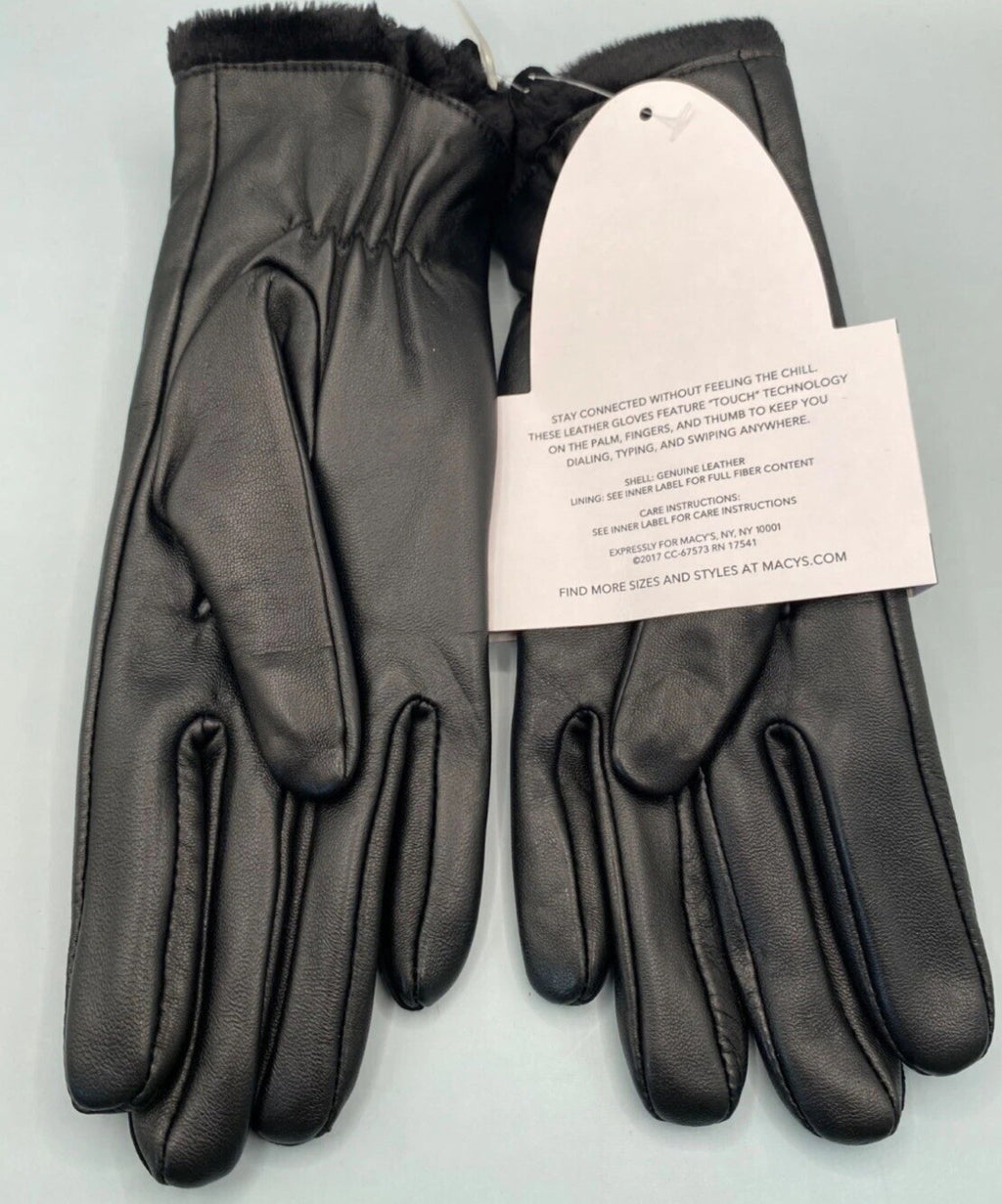 NWT Charter Club Black Leather Gloves Fur Lined Touchscreen Retail XL