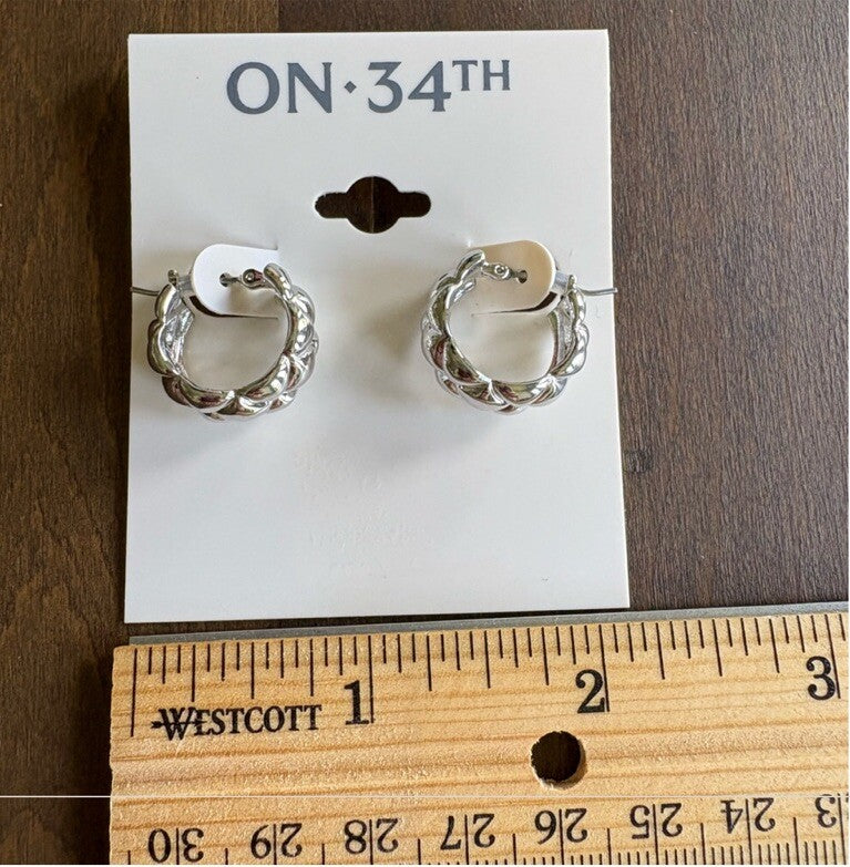On 34th Women's Quilted Hoop Earrings Silver Color