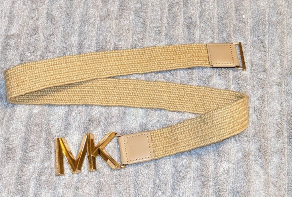 Michael Kors Straw Belt MK Logo Buckle Tan Beige Women's Accessory 