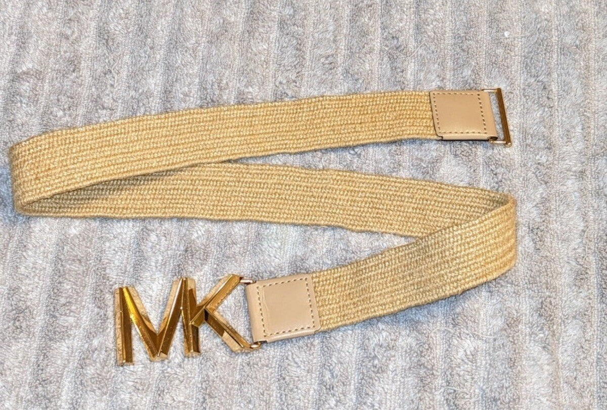Michael Kors Straw Belt MK Logo Buckle Tan Beige Women's Accessory 