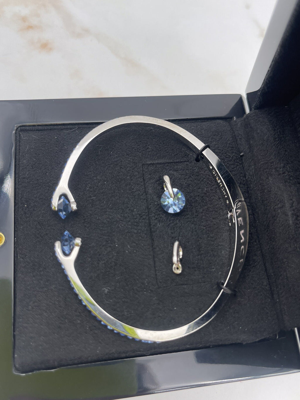 GIVENCHY SILVER TONE GREEN CRYSTALS BANGLE BRACELET WITH FLOATING STONE EARRINGS