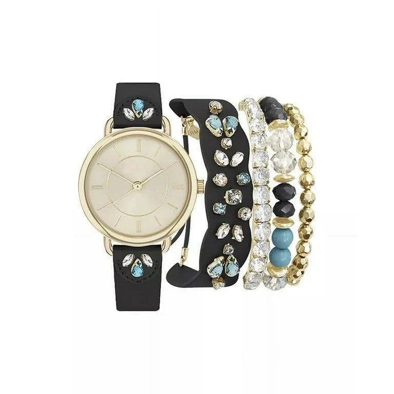 Jessica CarlyleWomen's Analog Black Jeweled Strap Watch 34mm Matching Bracelets