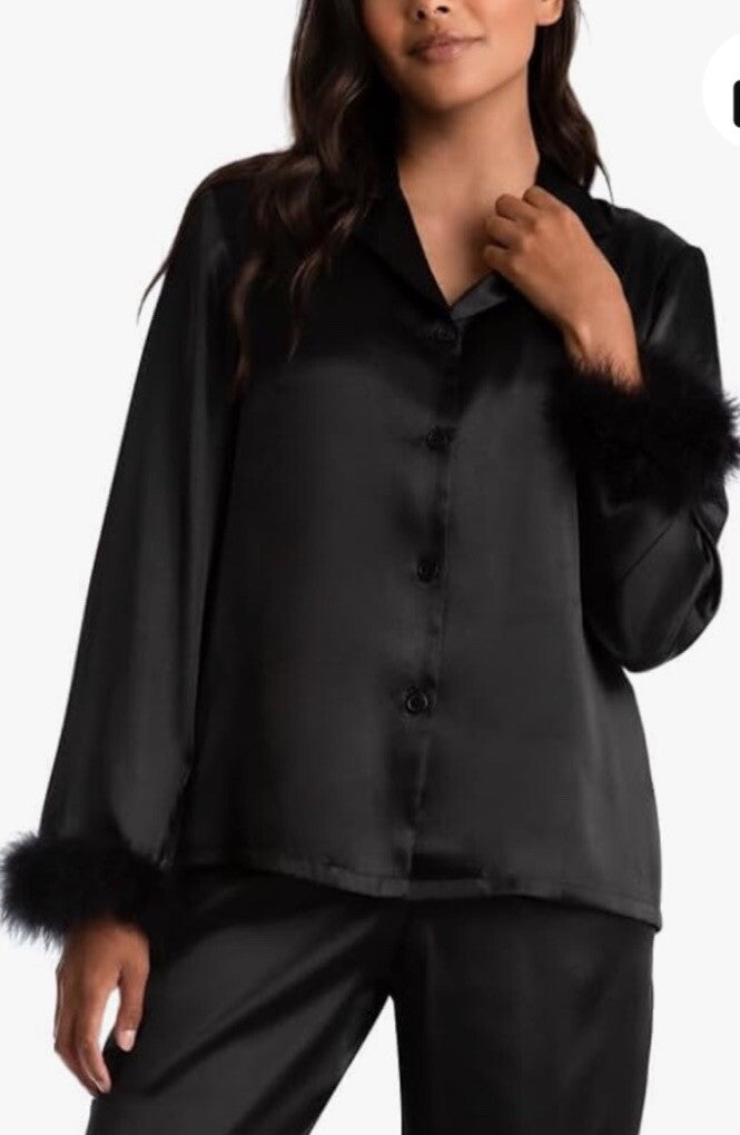 Linea Donatella Marabou Feather Satin Only Pajama Top Black L