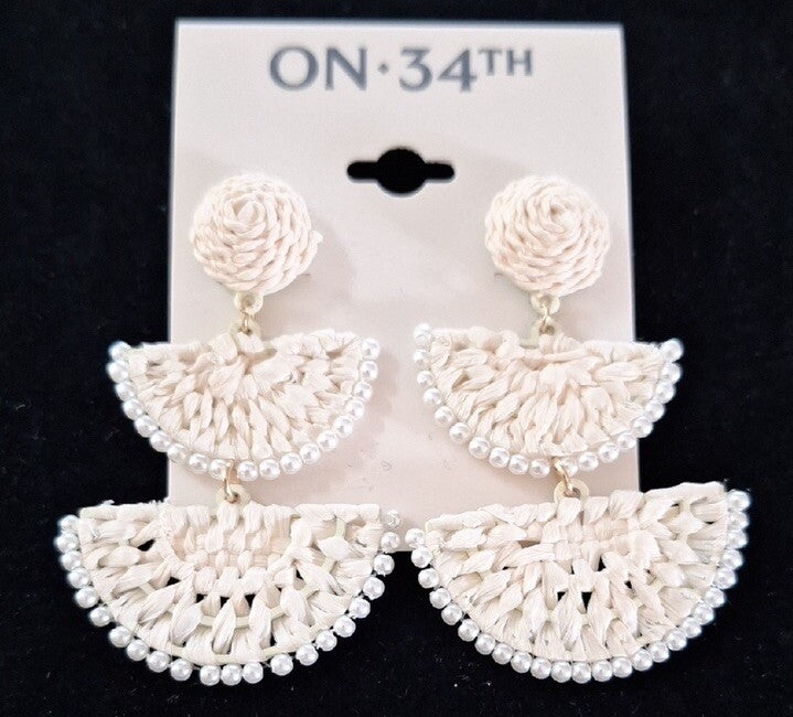 On 34th Cream Woven Raffia Drop Tower Earrings Hardware 