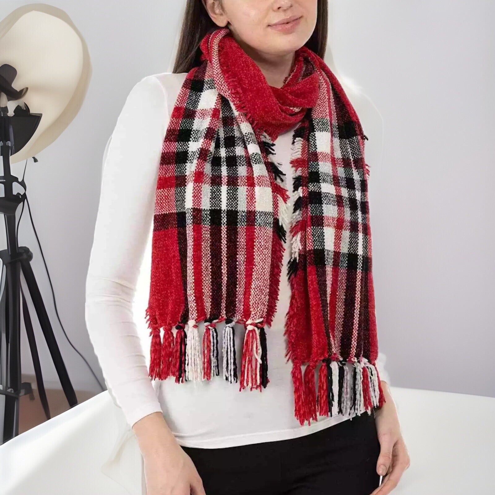 Charter Club Women's Red Chenille Plaid Scarf